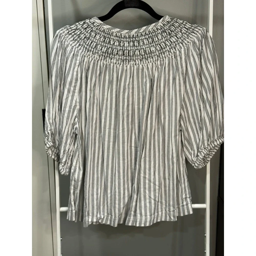 Old Navy Women Smocked Peasant Blouse White Black Striped Tassel Top Medium
